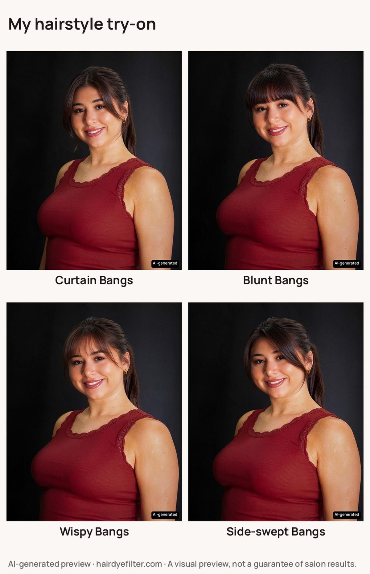Curtain, blunt, wispy and side-swept bangs on the same face; hair color and length stay the same.
