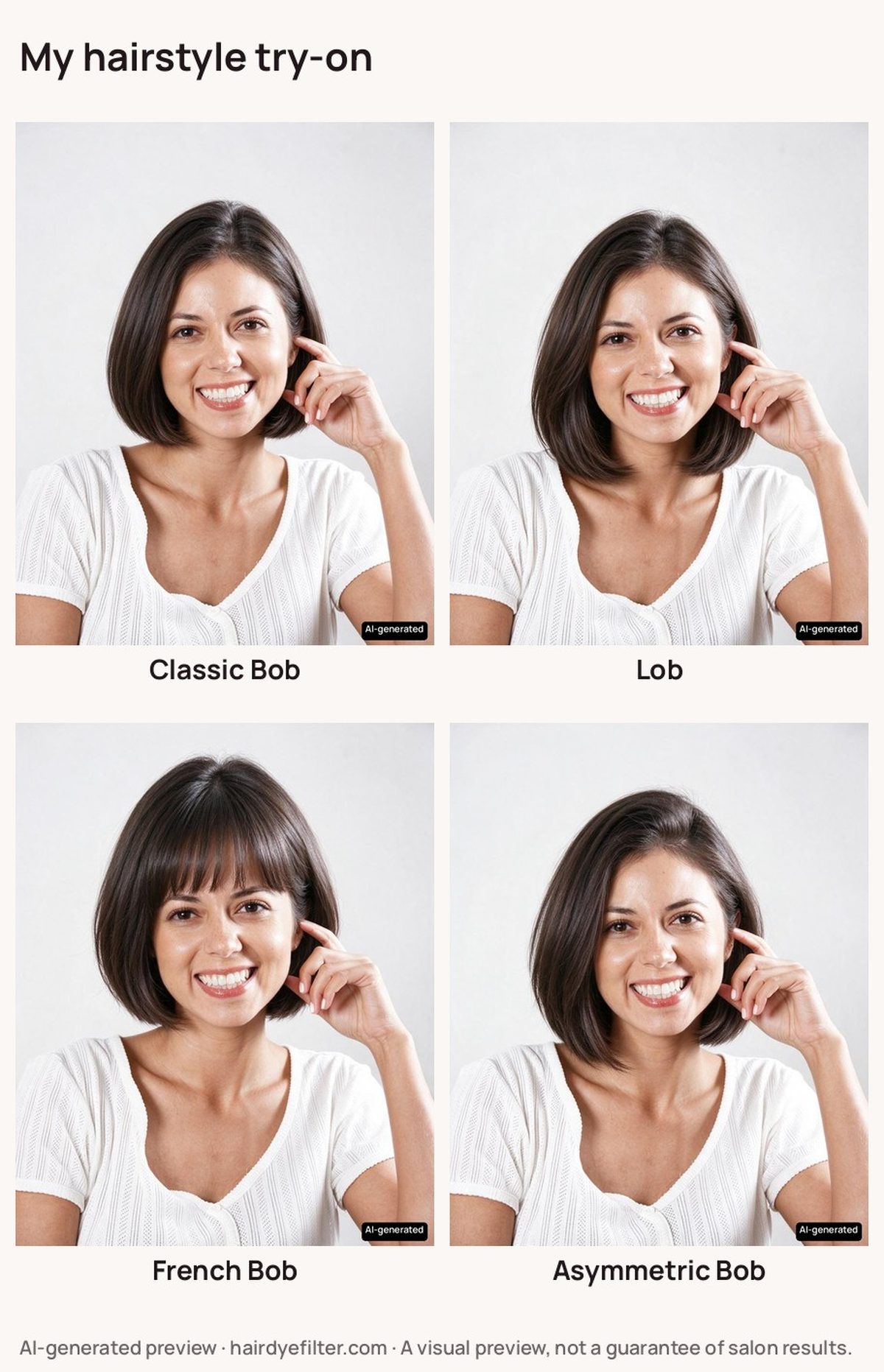 Classic bob, lob, French bob with bangs and asymmetric bob, same hair color.