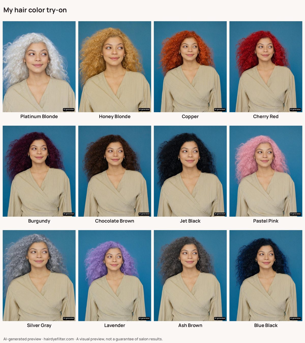 Twelve shades on one photo, including silver gray, lavender, ash brown and blue black.