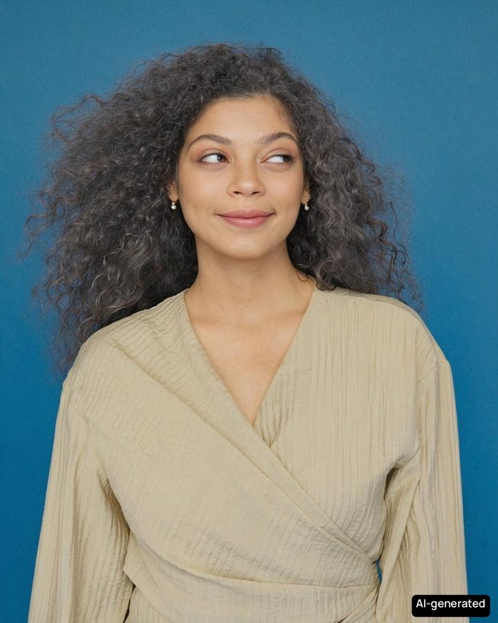 The same portrait before and after an AI ash brown hair color preview; face and haircut unchanged.