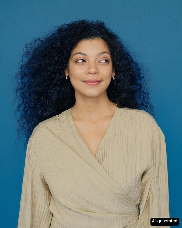 The same portrait before and after an AI blue black hair color preview; face and haircut unchanged.
