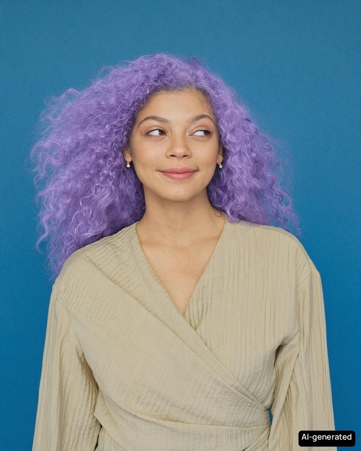 The same portrait before and after an AI lavender hair color preview; face and haircut unchanged.