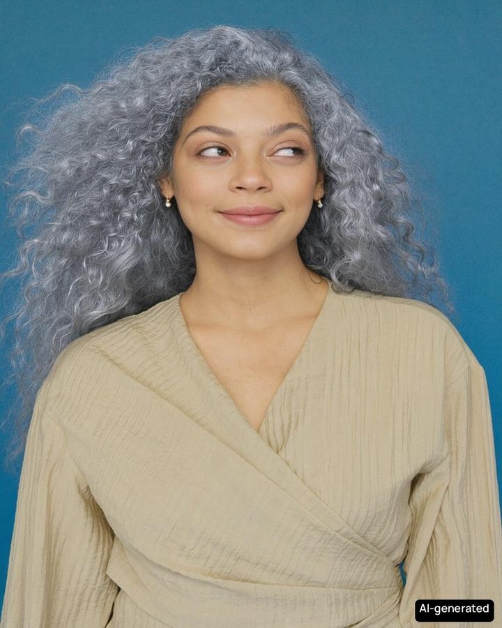The same portrait before and after an AI silver gray hair color preview; face and haircut unchanged.
