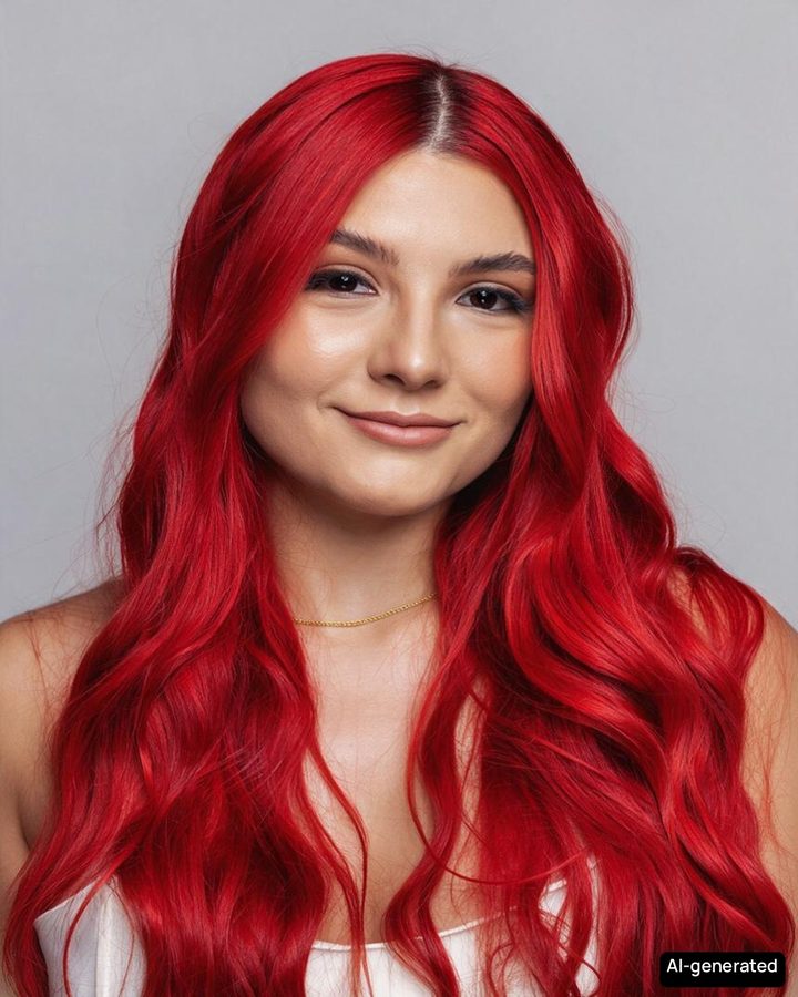 The same portrait before and after an AI cherry red hair color preview; face and haircut unchanged.