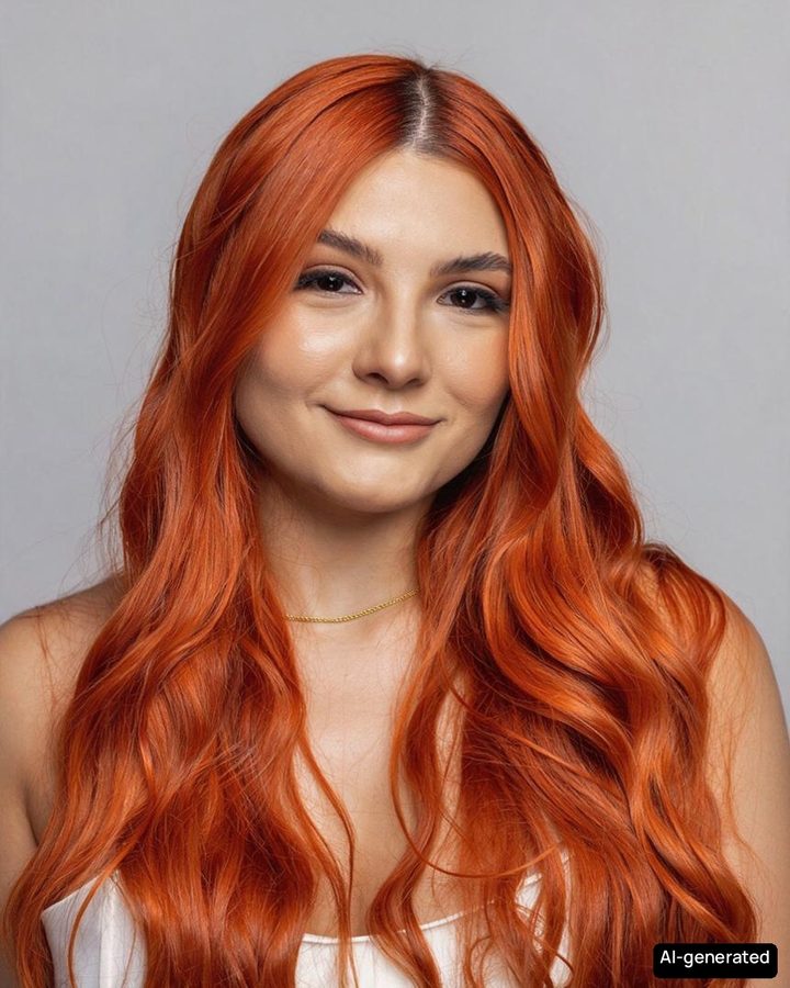 The same portrait before and after an AI copper hair color preview; face and haircut unchanged.