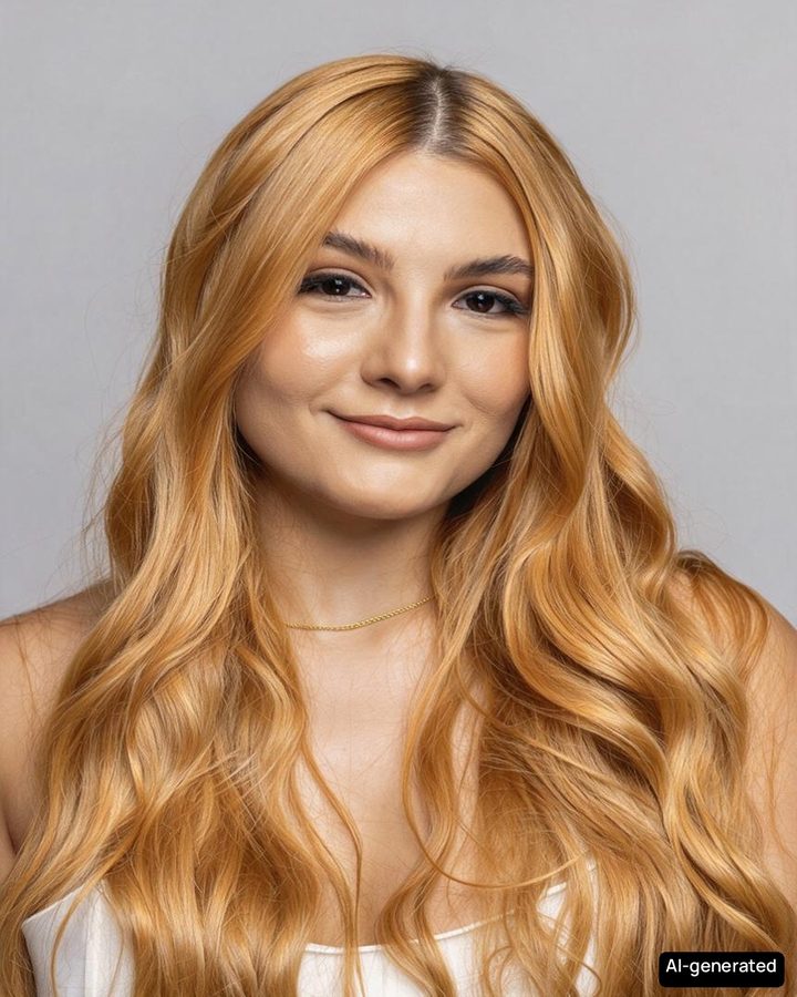 The same portrait before and after an AI honey blonde hair color preview; face and haircut unchanged.