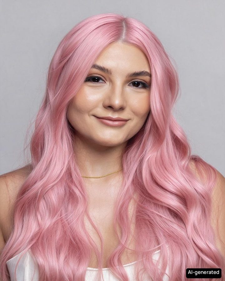 The same portrait before and after an AI pastel pink hair color preview; face and haircut unchanged.