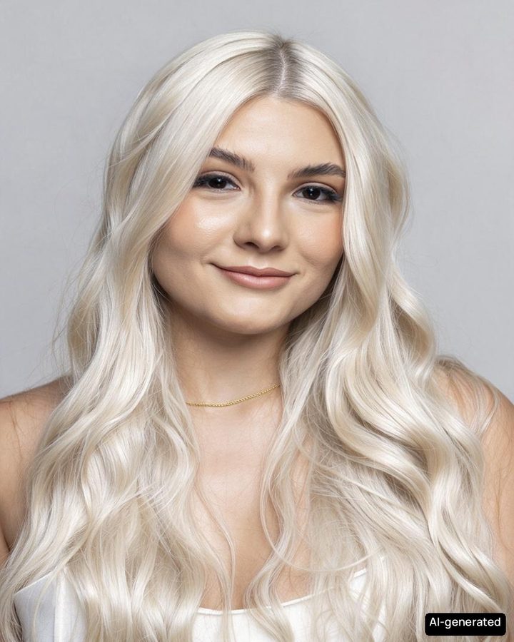 The same portrait before and after an AI platinum blonde hair color preview; face and haircut unchanged.