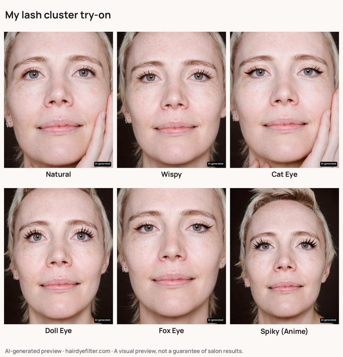 Natural, wispy, cat eye, doll eye, fox eye and spiky lash clusters on the same eyes.
